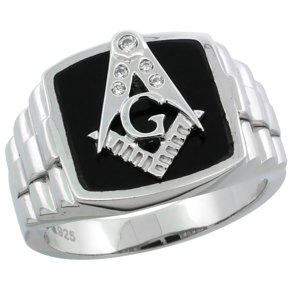 Mens Sterling Silver Black Onyx Masonic Ring CZ Stones &amp; Rolex Style Sides, 19/32 inch wide