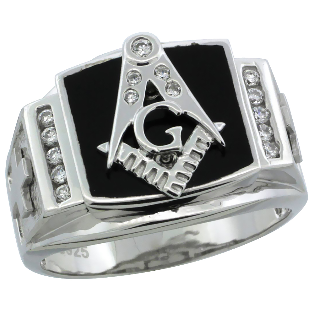 Mens Sterling Silver Black Onyx Masonic Ring CZ Stones &amp; Frosted Crosses on Sides, 19/32 inch wide