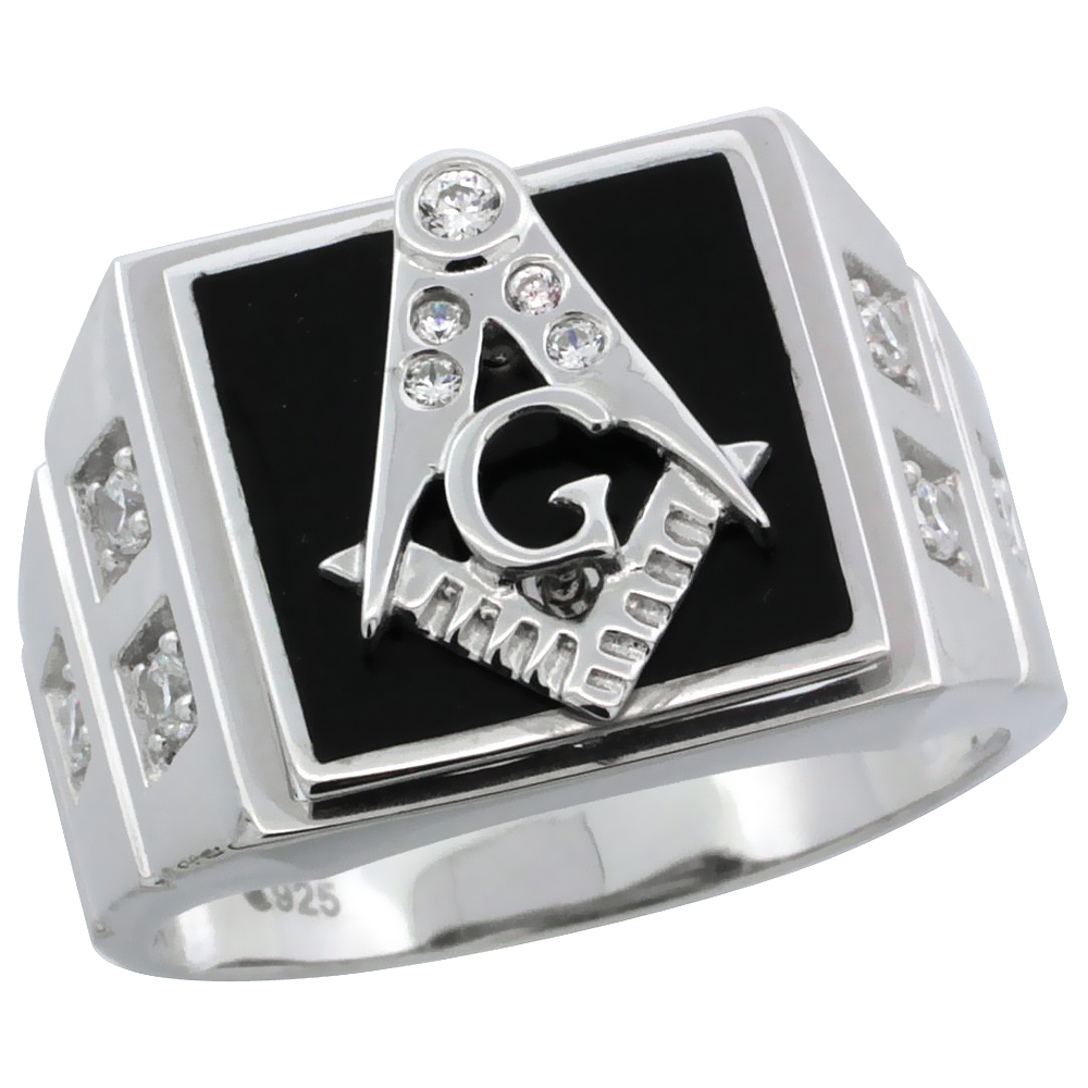 Mens Sterling Silver Black Onyx Masonic Ring CZ Stones & Square Accents, 19/32 inch wide