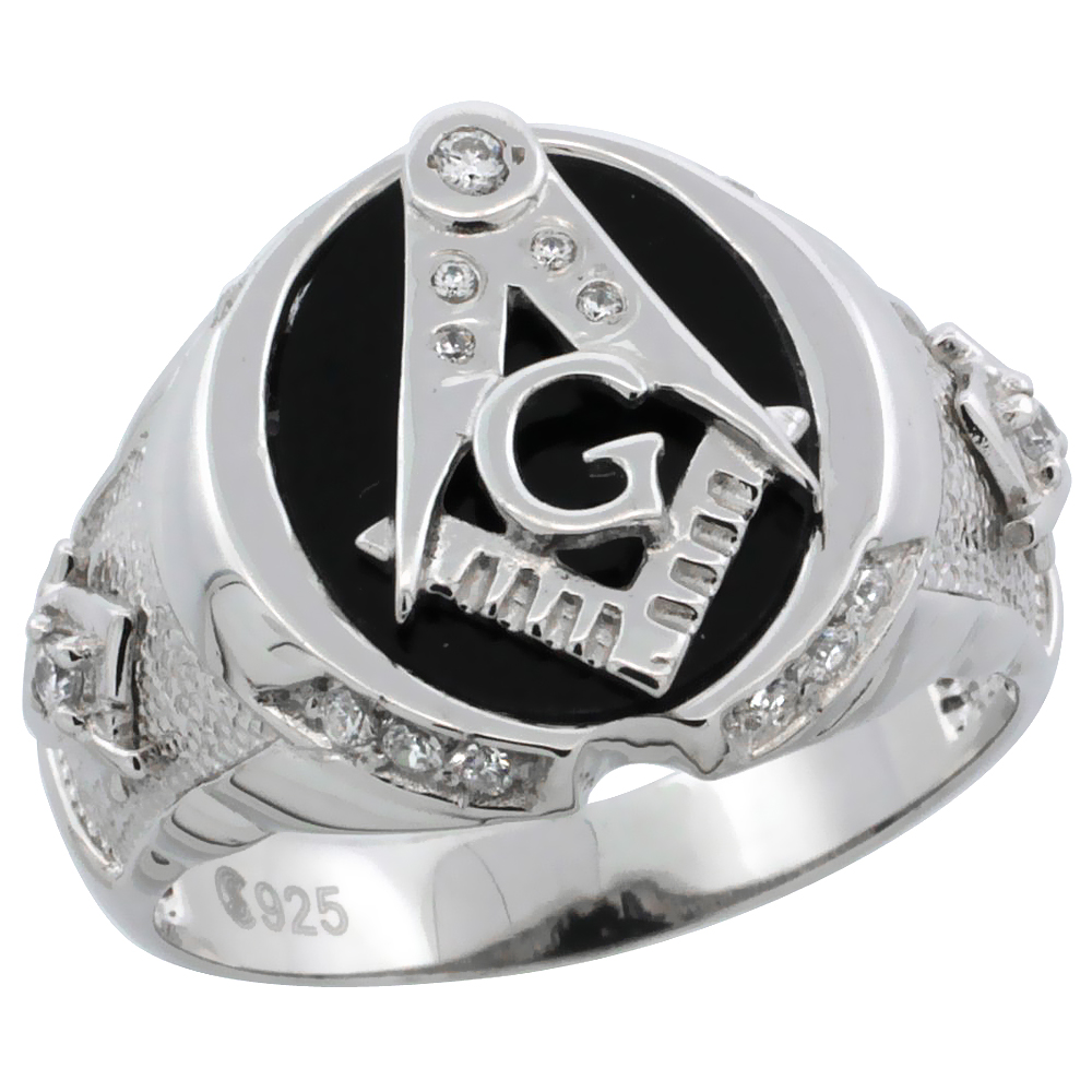 Mens Sterling Silver Black Onyx Masonic Ring CZ Stones & Textured Sides, 5/8 inch wide