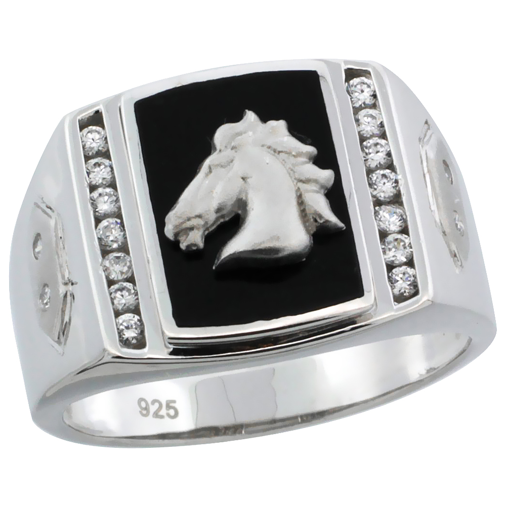 Mens Sterling Silver Black Onyx Horse Ring CZ Stones & Hexagon Accents, 19/32 inch wide