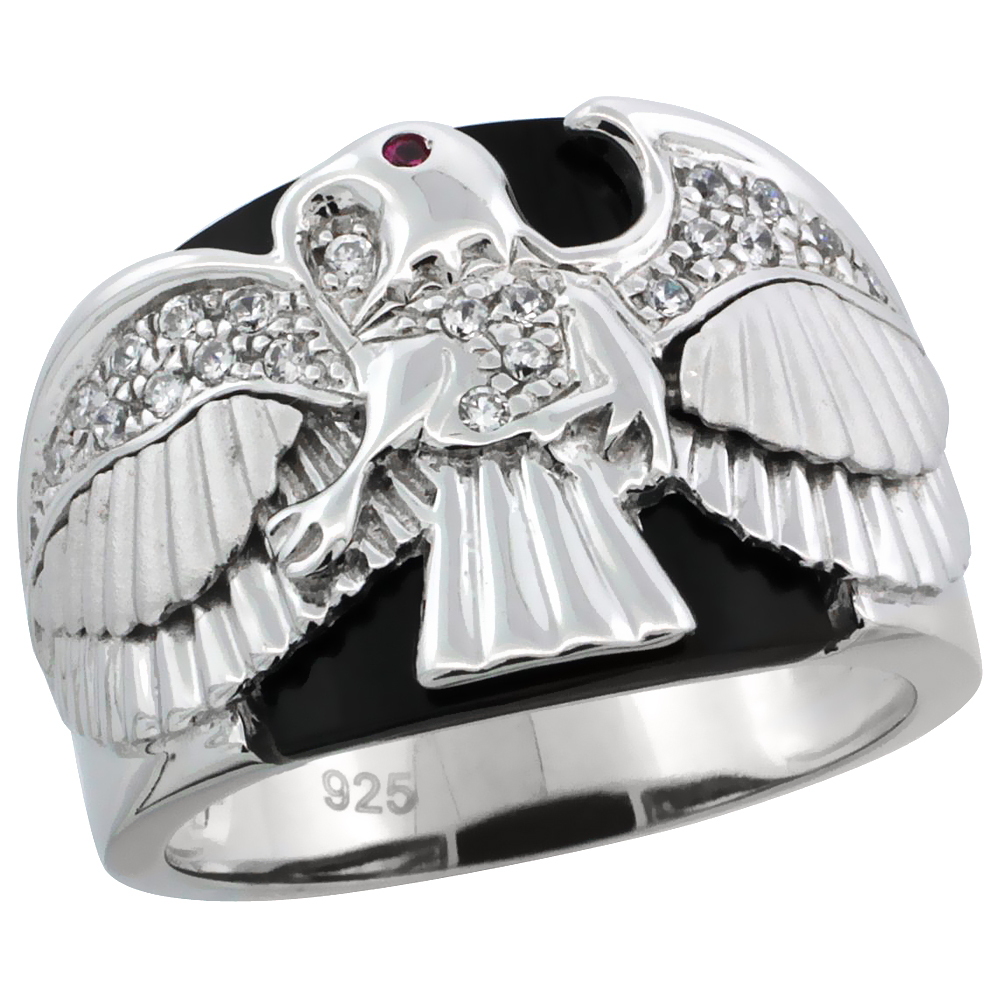 MENS STERLING SILVER SYNTHETIC BLACK ONYX AMERICAN EAGLE RING CZ STONES & FROSTED STAR ACCENTS 3/4 INCH WIDE