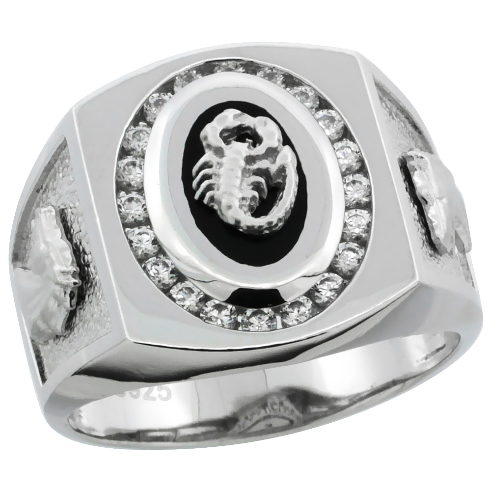 MENS STERLING SILVER SYNTHETIC BLACK ONYX SCORPION RING CZ STONES & HORSE HEAD ON SIDES 3/4 INCH WIDE