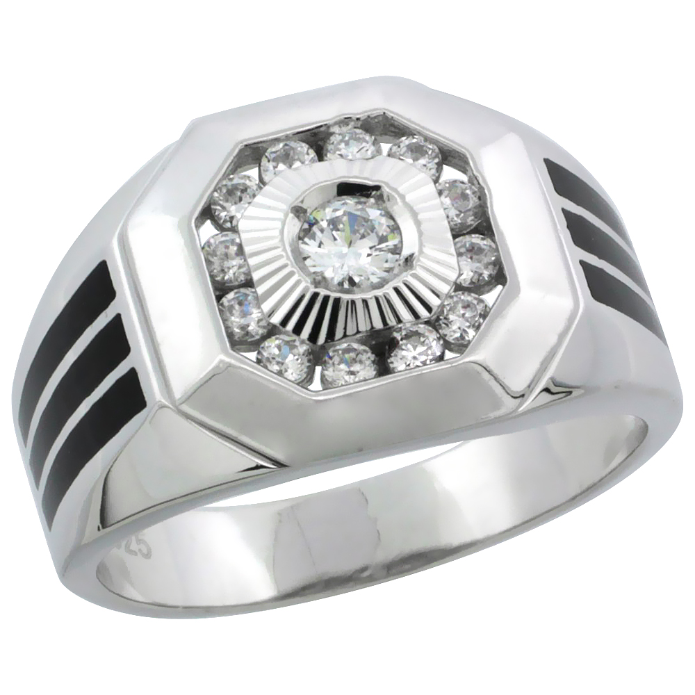 MENS STERLING SILVER CUBIC ZIRCONIA SYNTHETIC BLACK ONYX STRIPE OCTAGON RING 1/2 INCH WIDE