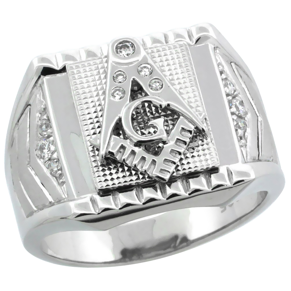 MENS STERLING SILVER MASONIC RING CZ STONES & FROSTED SIDE ACCENTS 5/8 INCH WIDE