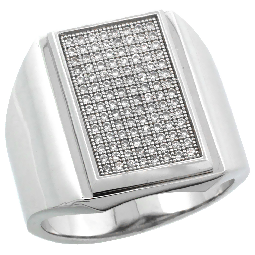 MENS STERLING SILVER CUBIC ZIRCONIA LARGE RECTANGULAR RING 112 MICRO PAVE 3/4 INCH WIDE