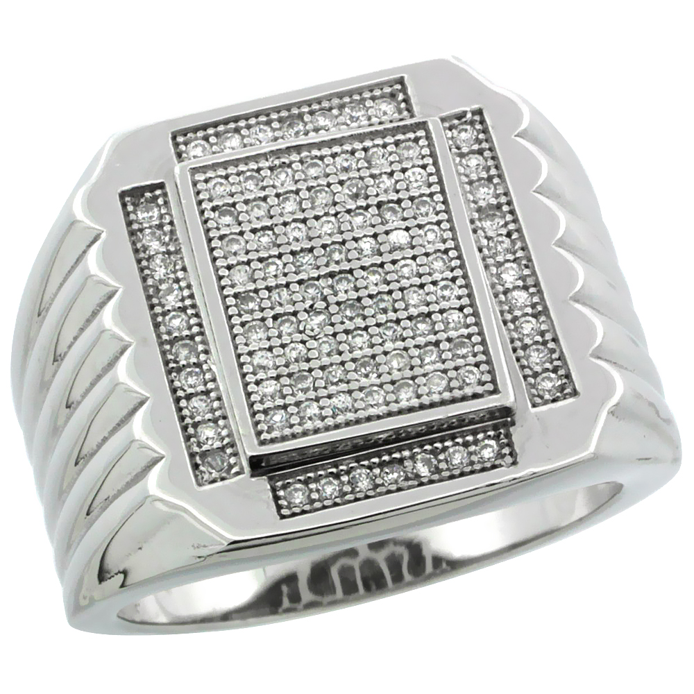 MENS STERLING SILVER CUBIC ZIRCONIA LARGE RECTANGULAR RIBBED RING 97 MICRO PAVE 3/4 INCH WIDE