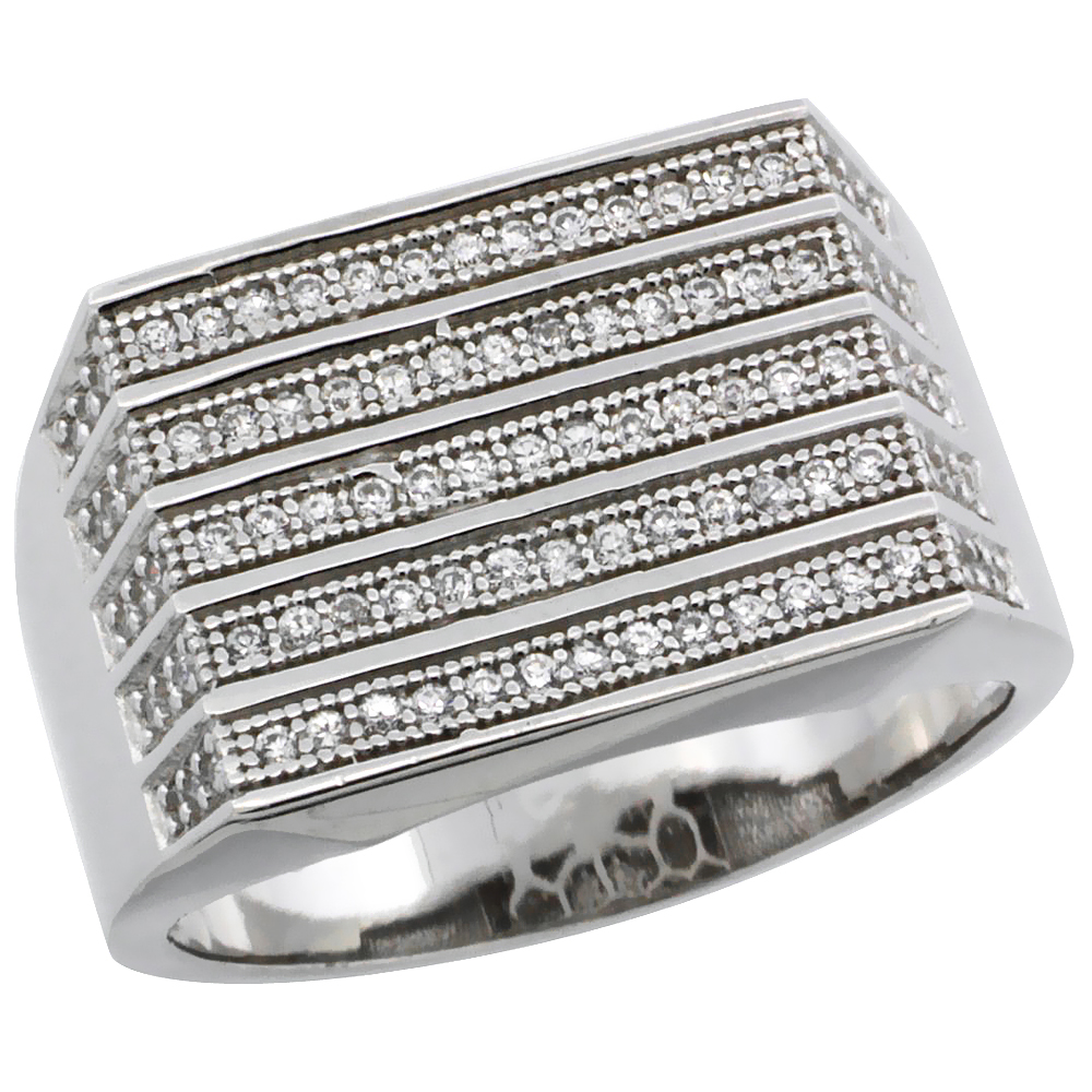 MENS STERLING SILVER CUBIC ZIRCONIA 5-ROW STRIPE RING 95 MICRO PAVE 1/2 INCH WIDE