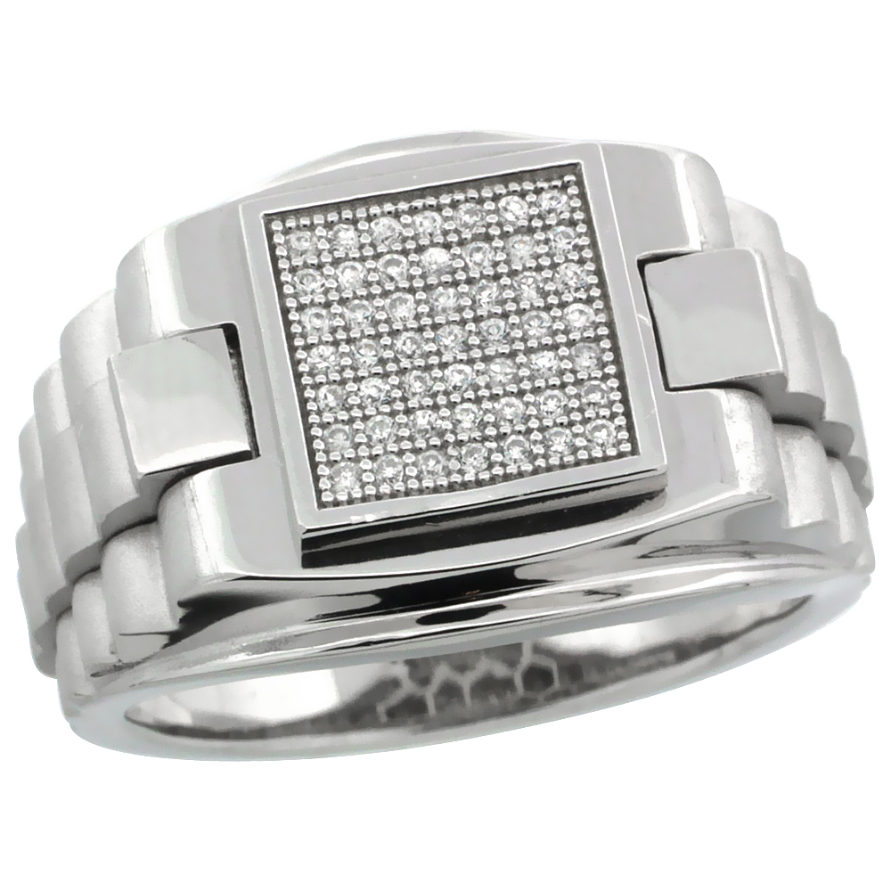MENS STERLING SILVER CUBIC ZIRCONIA ROLEX STYLE SQUARE RING 49 MICRO PAVE 5/8 INCH WIDE