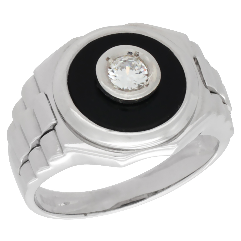 MENS STERLING SILVER ROLEX STYLE SOLITAIRE RING BRILLIANT CUT CUBIC ZIRCONIA STONE 16MM (5/8 INCH WIDE