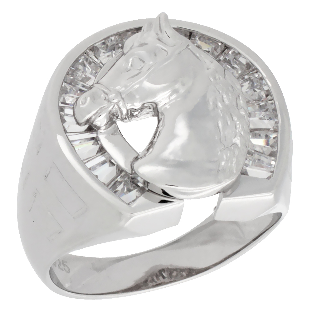 MENS STERLING SILVER HORSESHOE AND HEAD BRILLIANT CUT CUBIC ZIRCONIA STONES 19MM (3/4 INCH WIDE