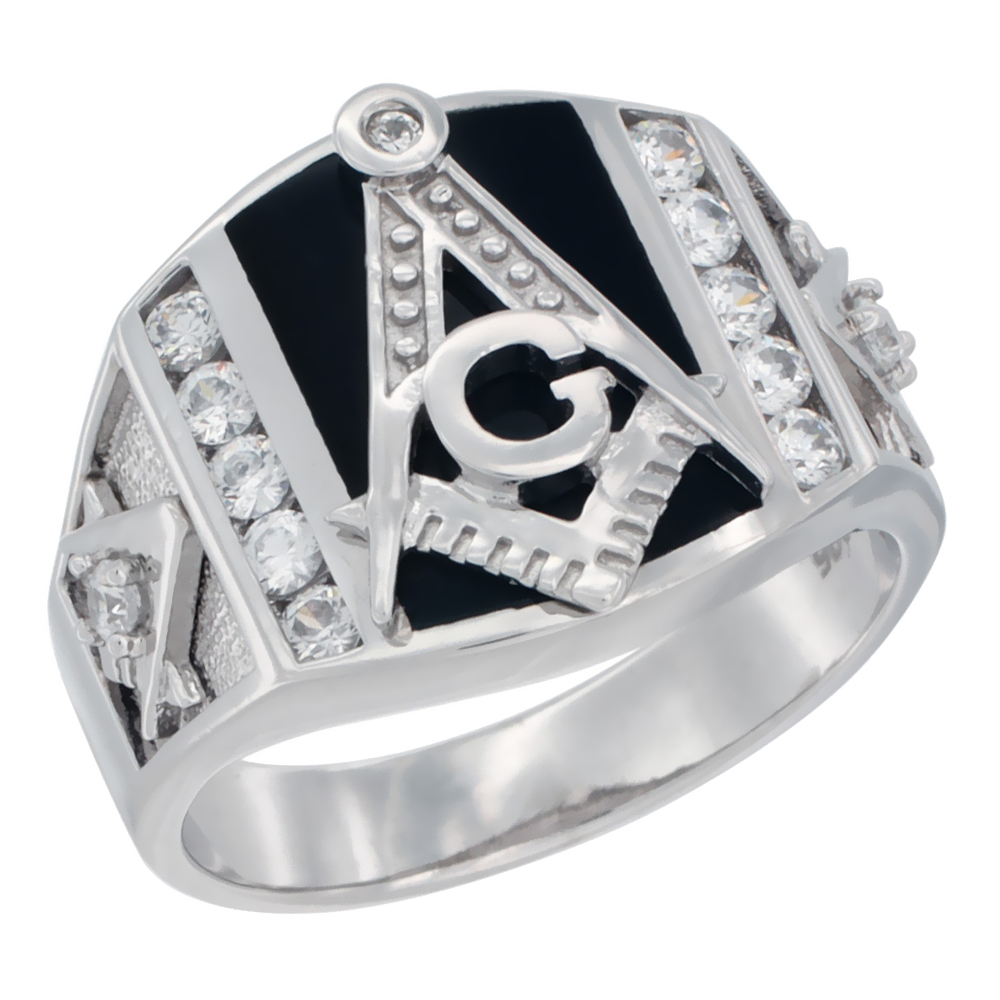 Mens Sterling Silver Cubic Zirconia Masonic Ring Rectangular Black Onyx 5/8 inch wide