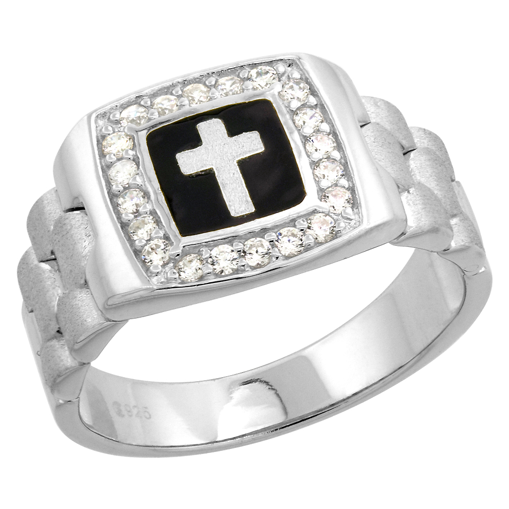 MENS STERLING SILVER CUBIC ZIRCONIA CROSS RING SQUARE BLACK ENAMEL 1/2 INCH WIDE