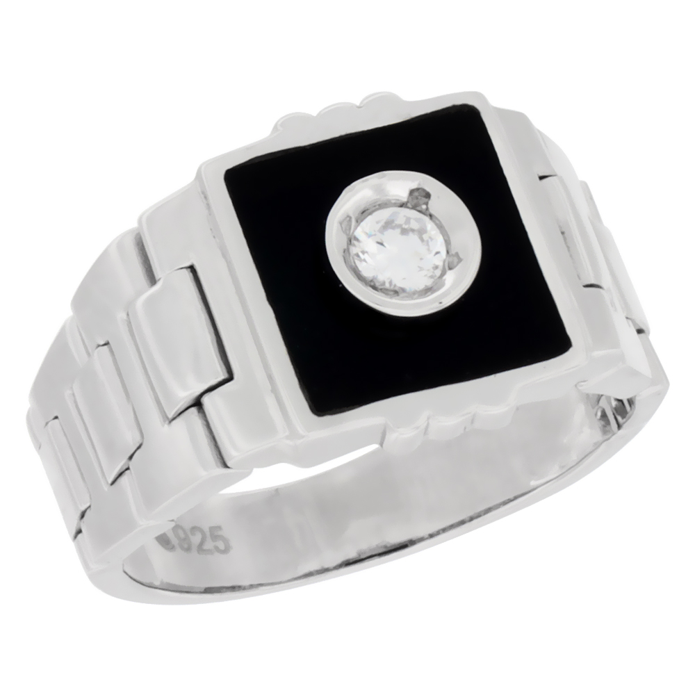 MENS STERLING SILVER CUBIC ZIRCONIA RING SQUARE SYNTHETIC BLACK ONYX 9/16 INCH WIDE