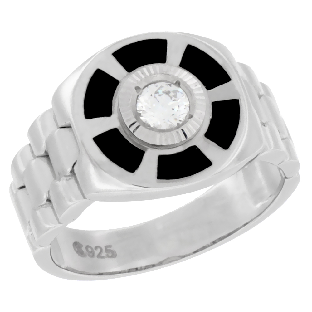 MENS STERLING SILVER SINGLE ROUND CUBIC ZIRCONIA STONE RING SYNTHETIC BLACK ONYX DIAL ACCENTS 9/16 INCH WIDE