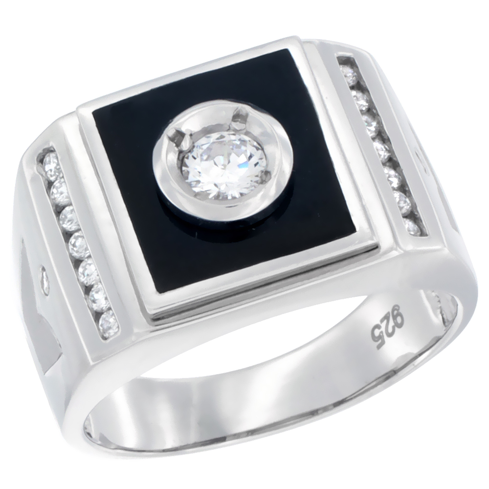 MENS STERLING SILVER SQUARE SYNTHETIC BLACK ONYX RING WITH CUBIC ZIRCONIA STONES 9/16 INCH WIDE