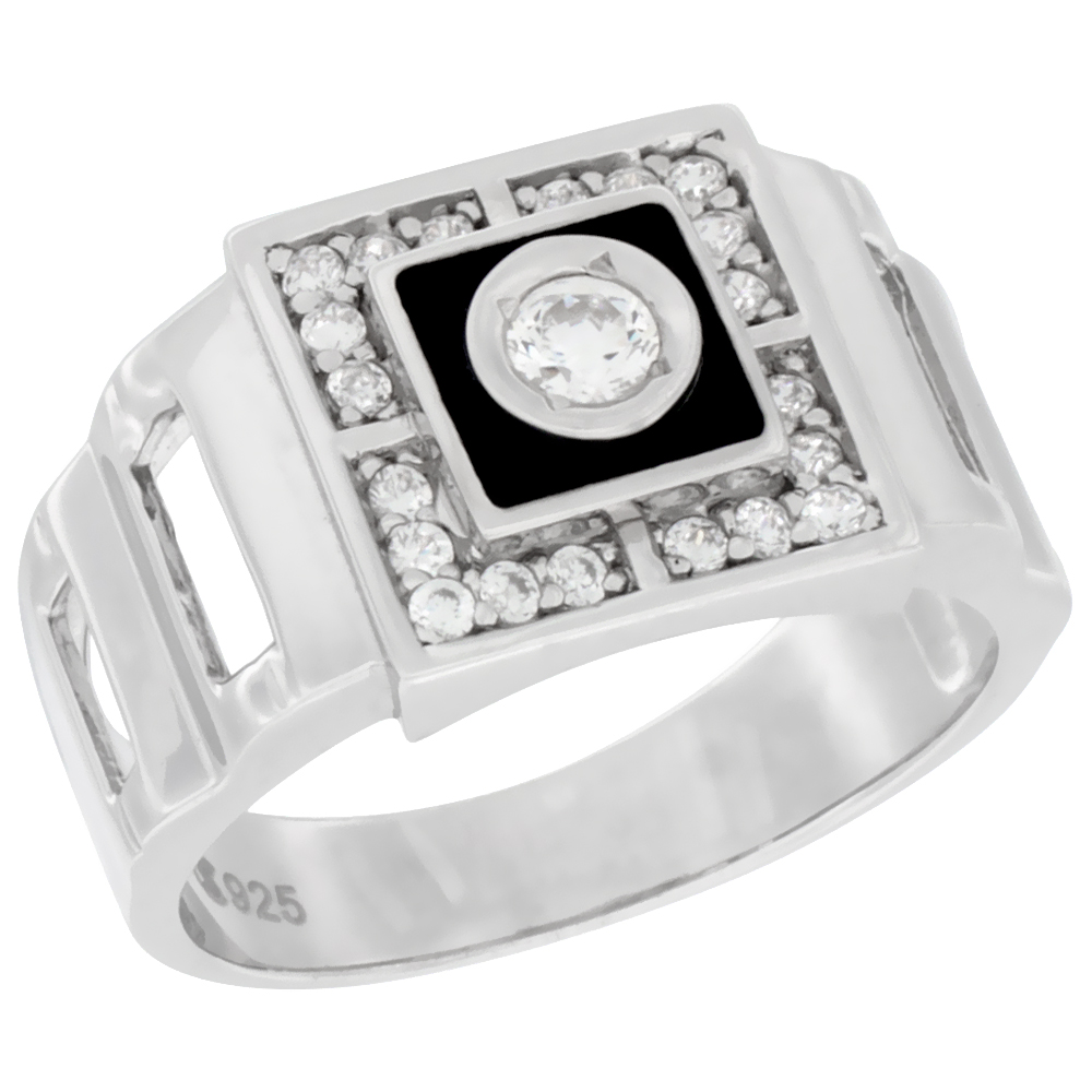 MENS STERLING SILVER SQUARE SYNTHETIC BLACK ONYX RING CUBIC ZIRCONIA STONES OPEN SIDES 9/16 INCH WIDE