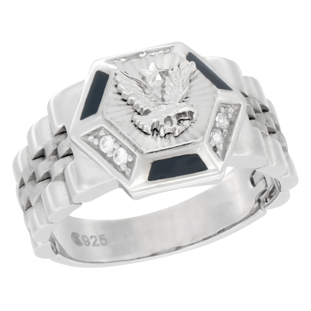 MENS STERLING SILVER HEXAGONAL EAGLE RING CUBIC ZIRCONIA STONES & SYNTHETIC BLACK ONYX ACCENTS 9/16 INCH WIDE
