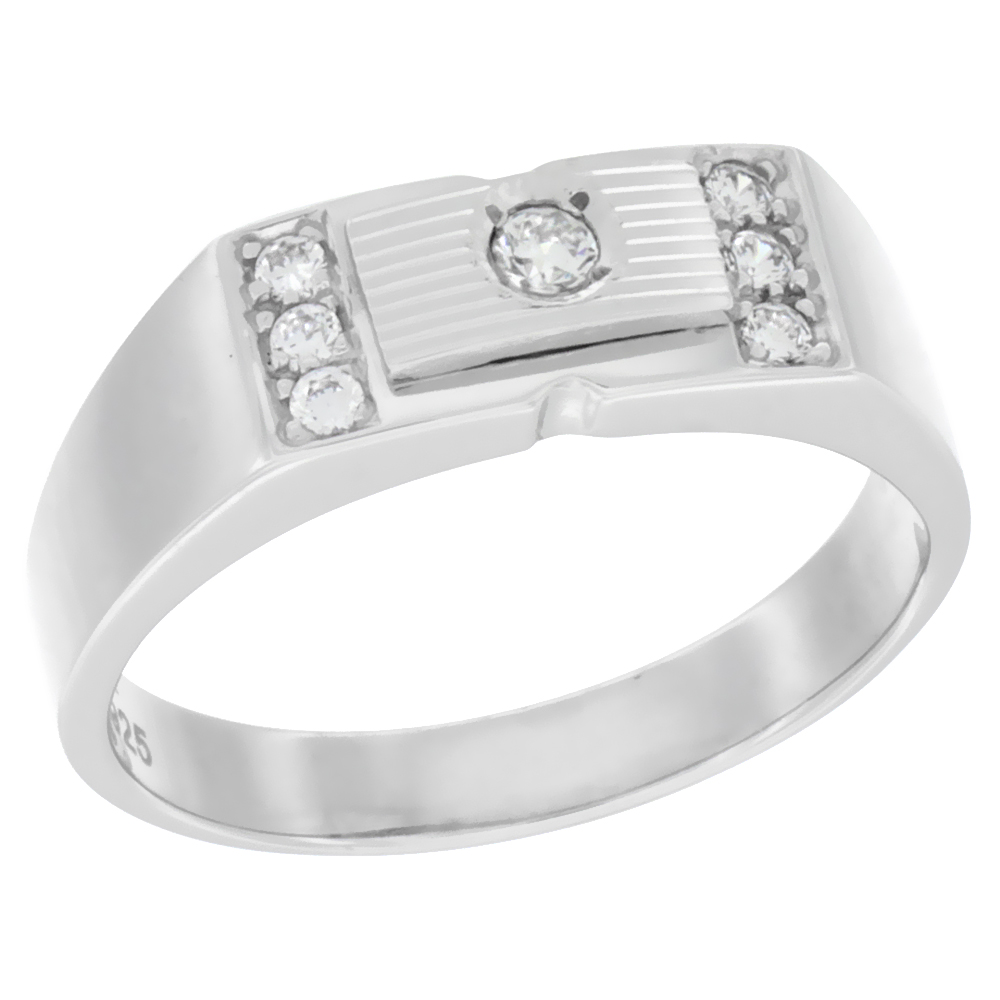 MENS STERLING SILVER RECTANGULAR STRIPED RING CUBIC ZIRCONIA STONES 1/4 INCH WIDE
