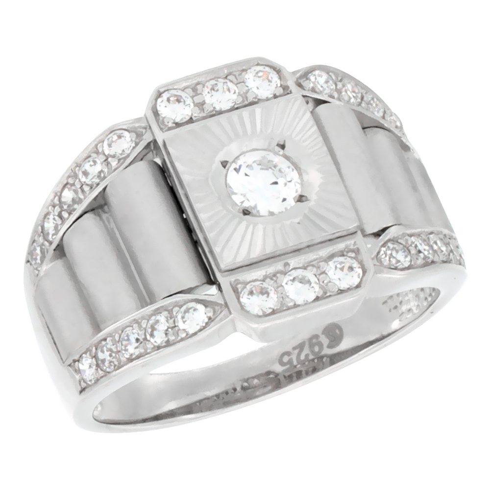 MENS STERLING SILVER RECTANGULAR RING WITH CUBIC ZIRCONIA STONES WATCH TYPE BAND 5/8 INCH WIDE