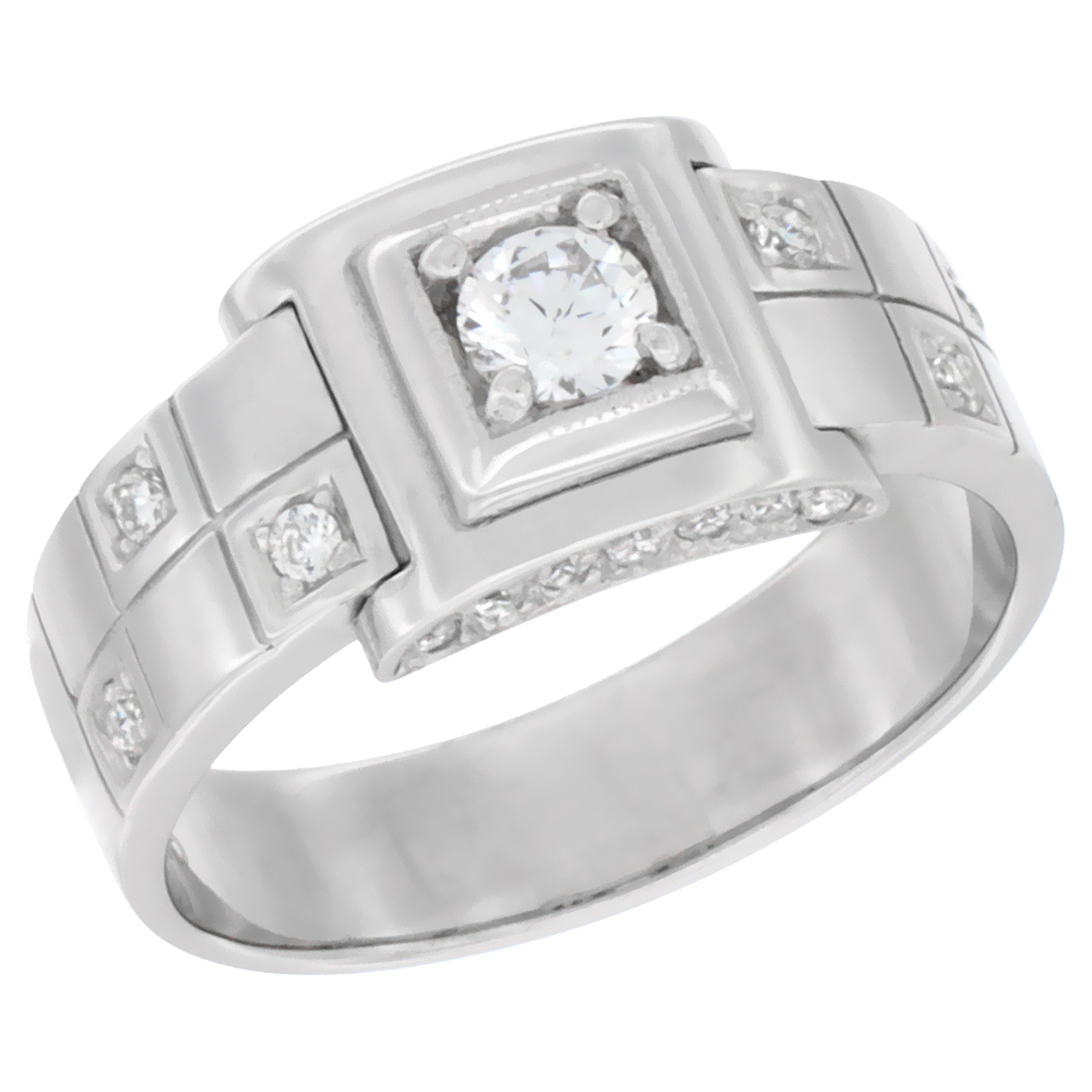 MENS STERLING SILVER SQUARE RING WITH CUBIC ZIRCONIA STONES CHECKERBOARD STYLE 3/8 INCH WIDE