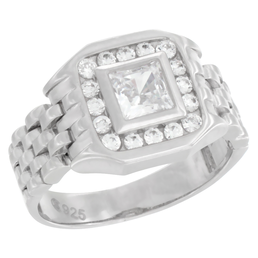 MENS STERLING SILVER SQUARE RING WITH CUBIC ZIRCONIA STONES WATCH TYPE BAND 1/2 INCH WIDE
