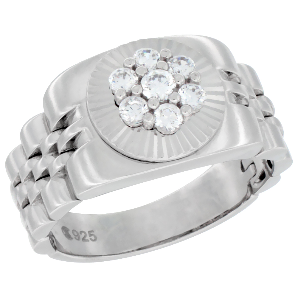 MENS STERLING SILVER ROUND RING WITH CLUSTERED CUBIC ZIRCONIA STONES 7/16 INCH WIDE