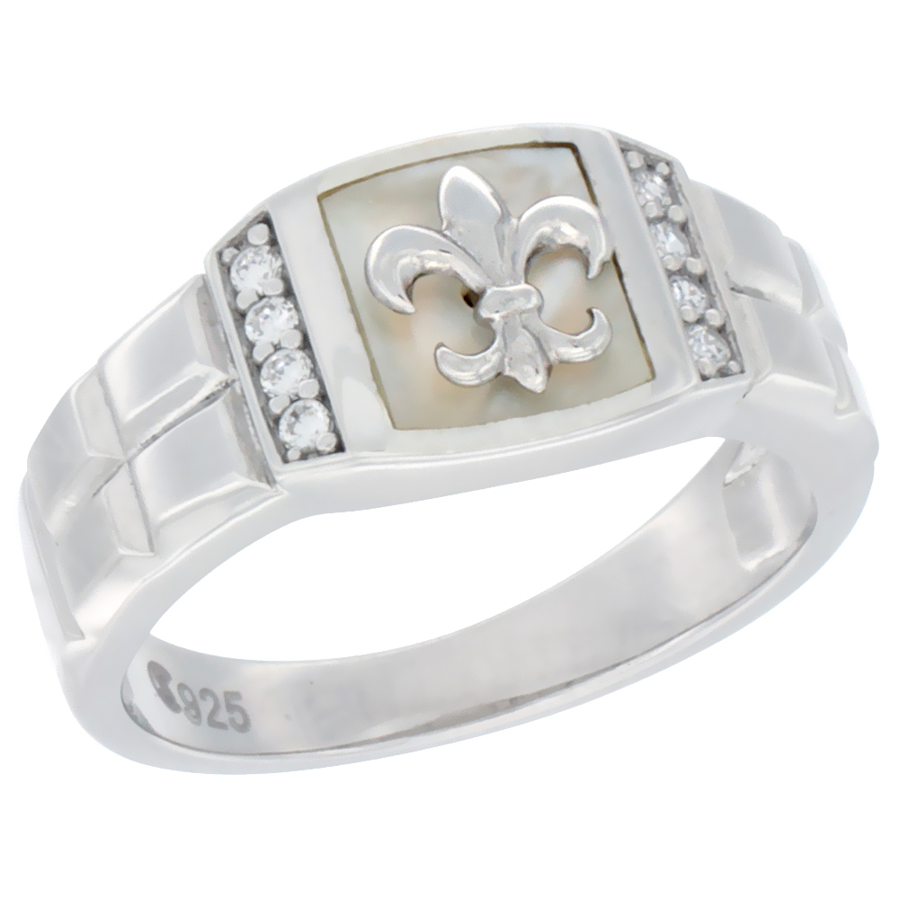 MENS STERLING SILVER CUBIC ZIRCONIA FLEUR DE LIS RING SQUARE SHELL 3/8 INCH WIDE