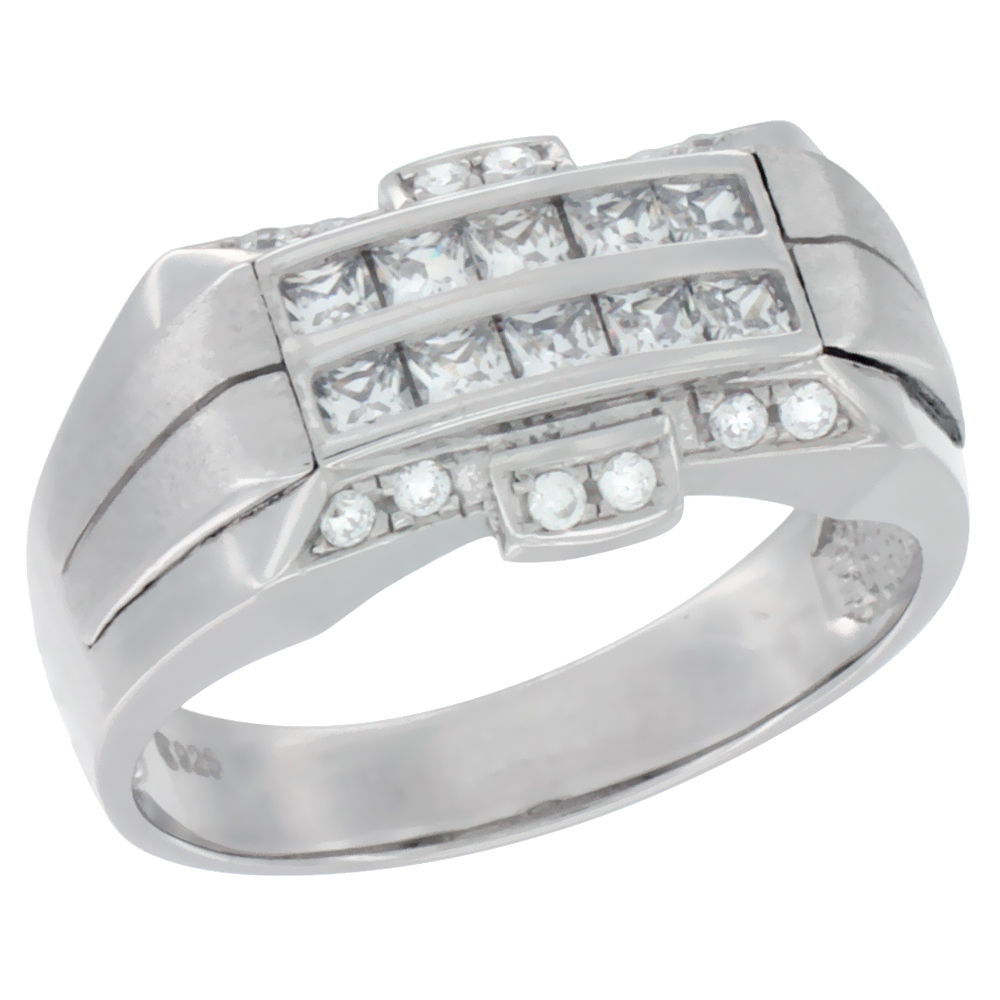 MENS STERLING SILVER RECTANGULAR RING WITH 2-ROW CHANNEL SET CUBIC ZIRCONIA STONES 7/16 INCH WIDE