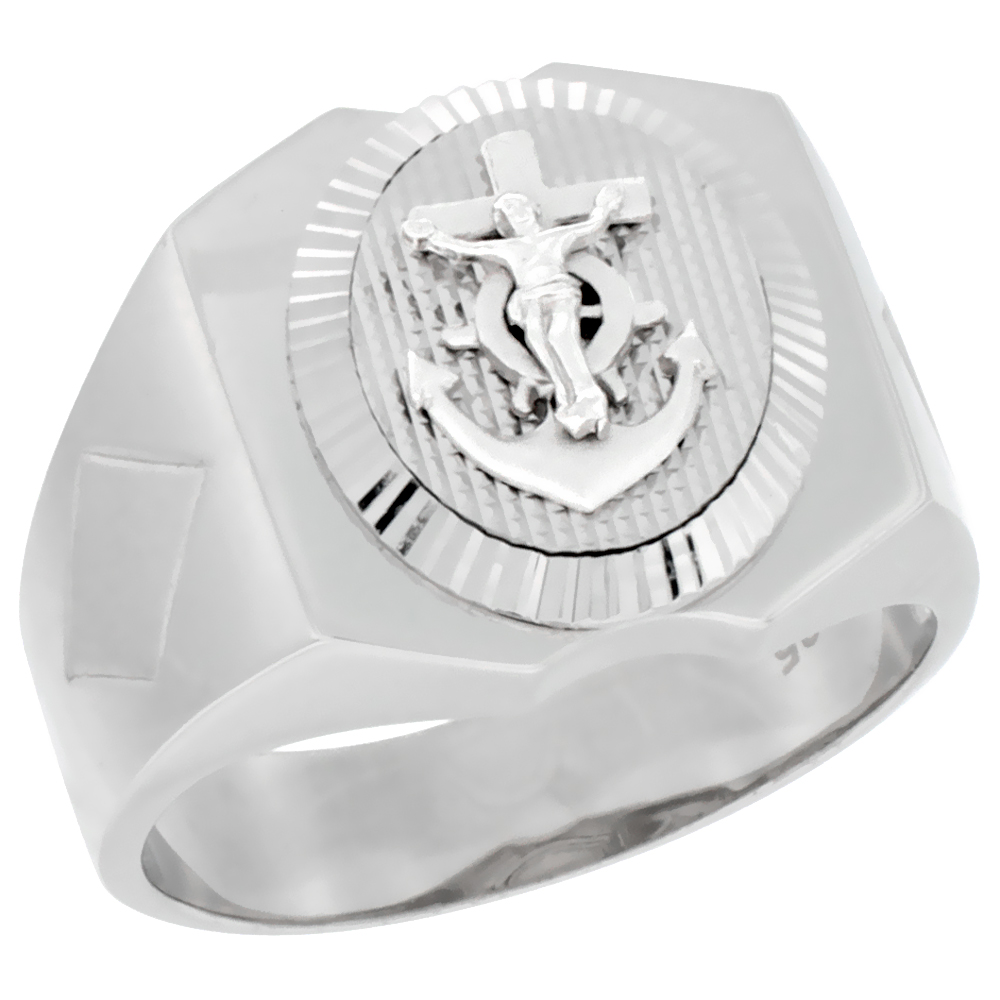 MENS STERLING SILVER OVAL MARINER'S CRUCIFIX RING DIAMOND SHAPE SIDES 5/8 INCH WIDE