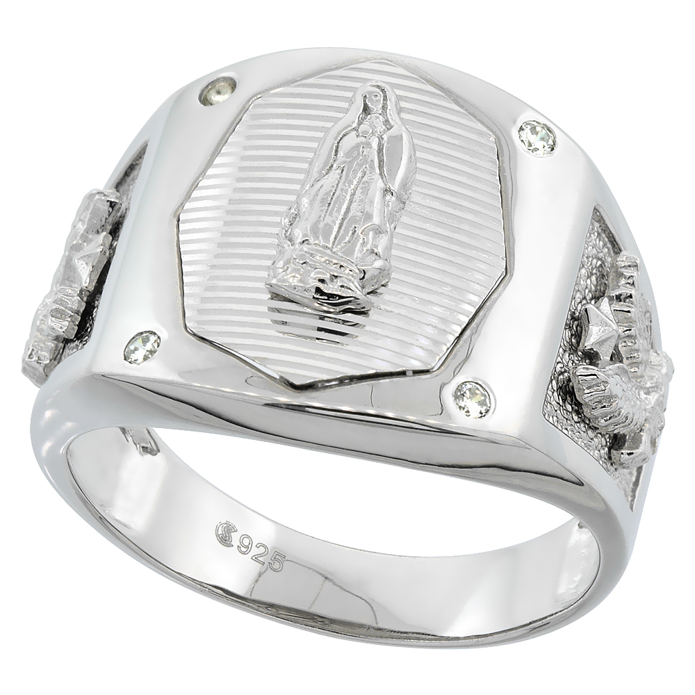 Mens Sterling Silver Octagonal Guadalupe Ring Eagle Sides Cubic Zirconia Stone Accents 21/32 inch wide