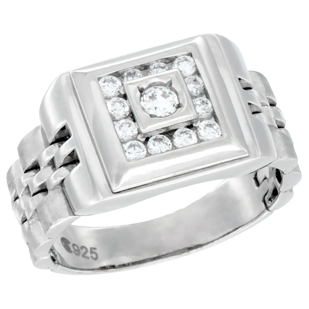 Mens Sterling Silver Square Ring Cubic Zirconia Stone Accents 1/2 inch wide