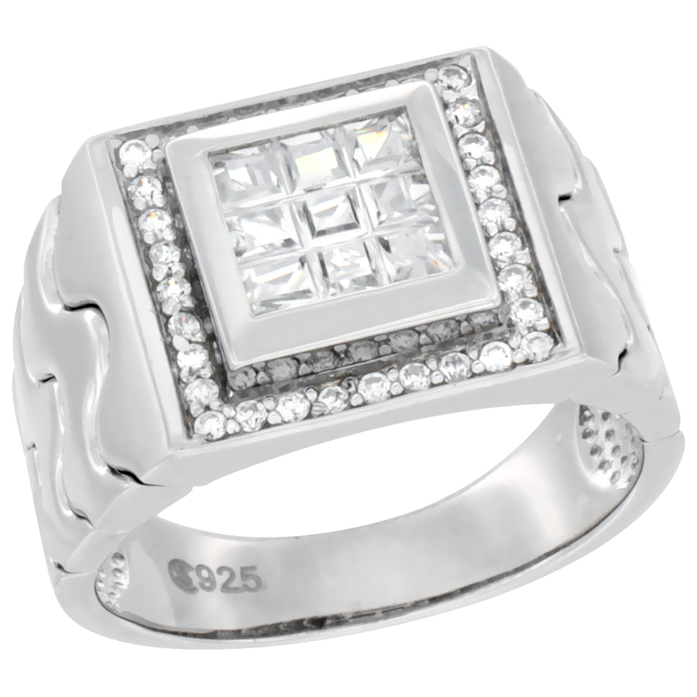 MENS STERLING SILVER SQUARE RING CHECKERBOARD PATTERN CUBIC ZIRCONIA STONES 9/16 INCH WIDE