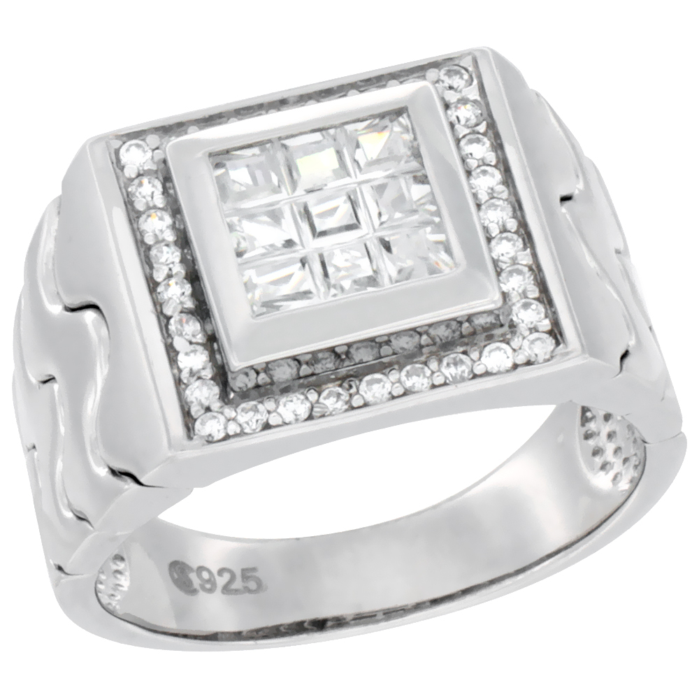 Mens Sterling Silver Square Ring Checkerboard Pattern Cubic Zirconia Stones 9/16 inch wide