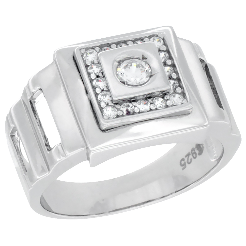MENS STERLING SILVER SQUARE RING CUBIC ZIRCONIA STONES OPEN SIDES 1/2 INCH WIDE