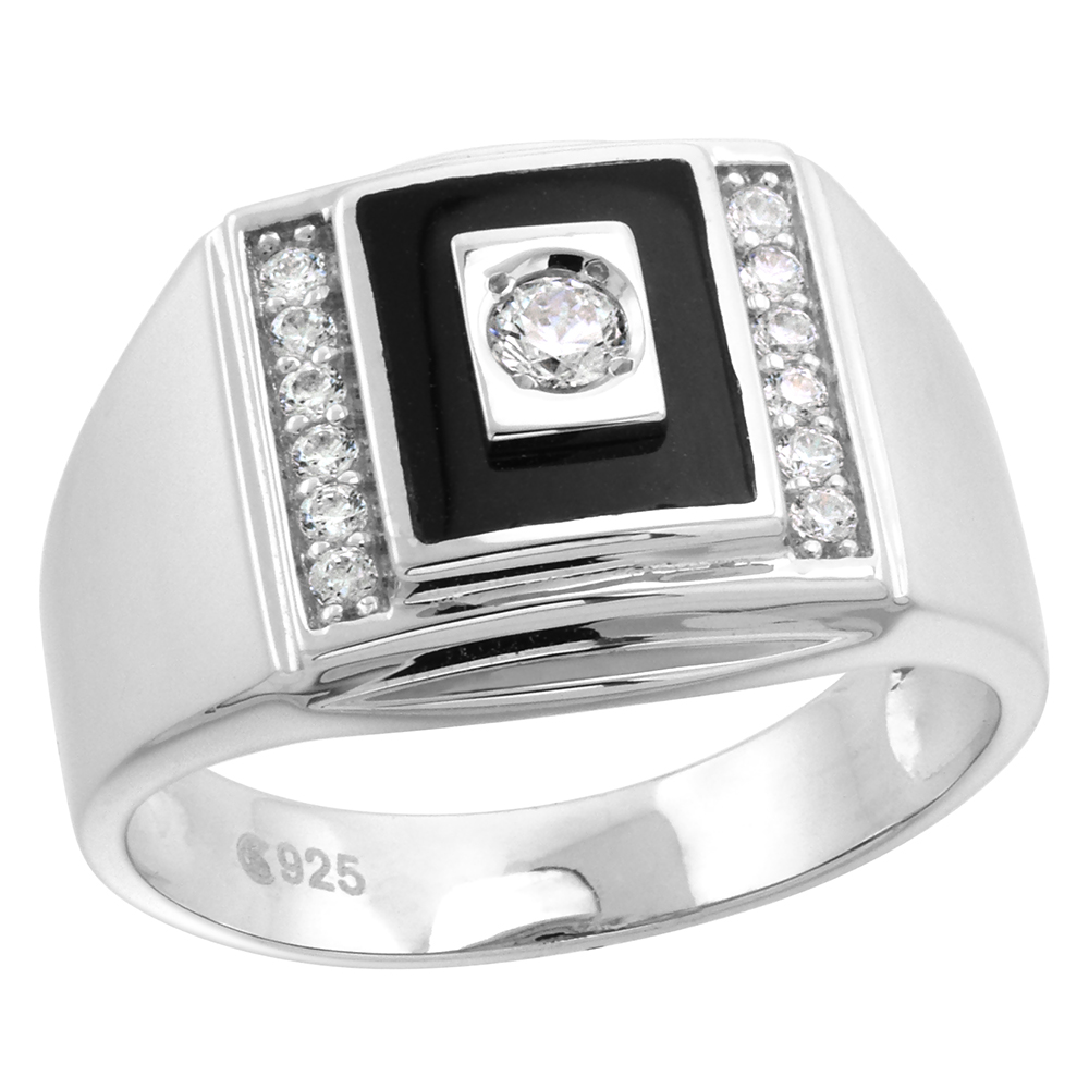 MENS STERLING SILVER RECTANGULAR SYNTHETIC BLACK ONYX RING WITH CUBIC ZIRCONIA STONES 9/16 INCH WIDE