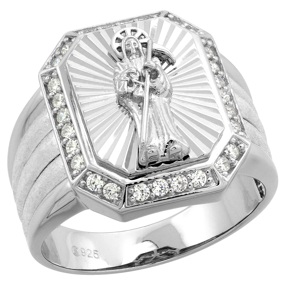 Mens Sterling Silver Cubic Zirconia Santa Muerte Ring Octagonal 3/4 inch wide, size 8 - 14