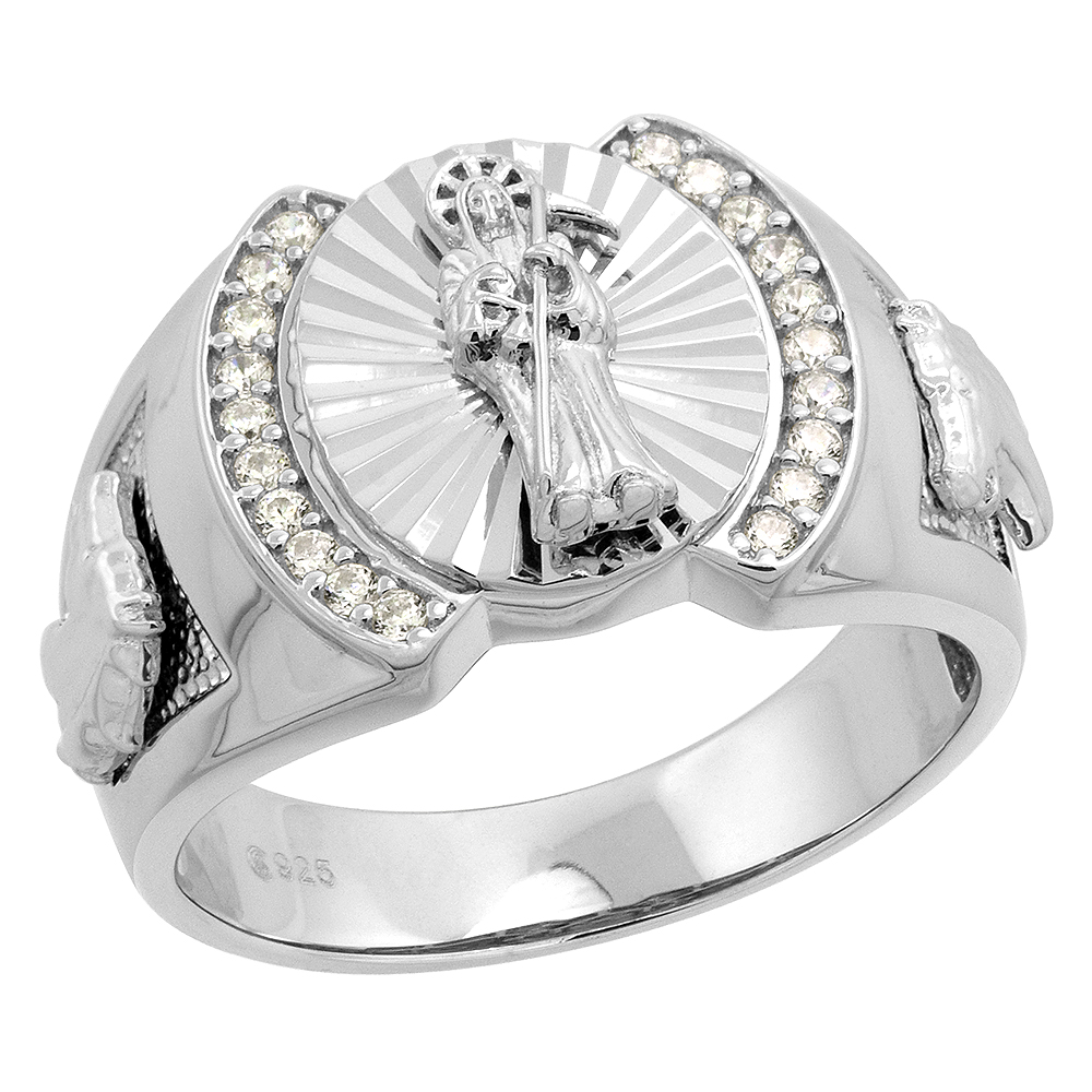 Mens Sterling Silver Cubic Zirconia Santa Muerte Ring Round Horse Sides 17/32 inch wide, size 8 - 14