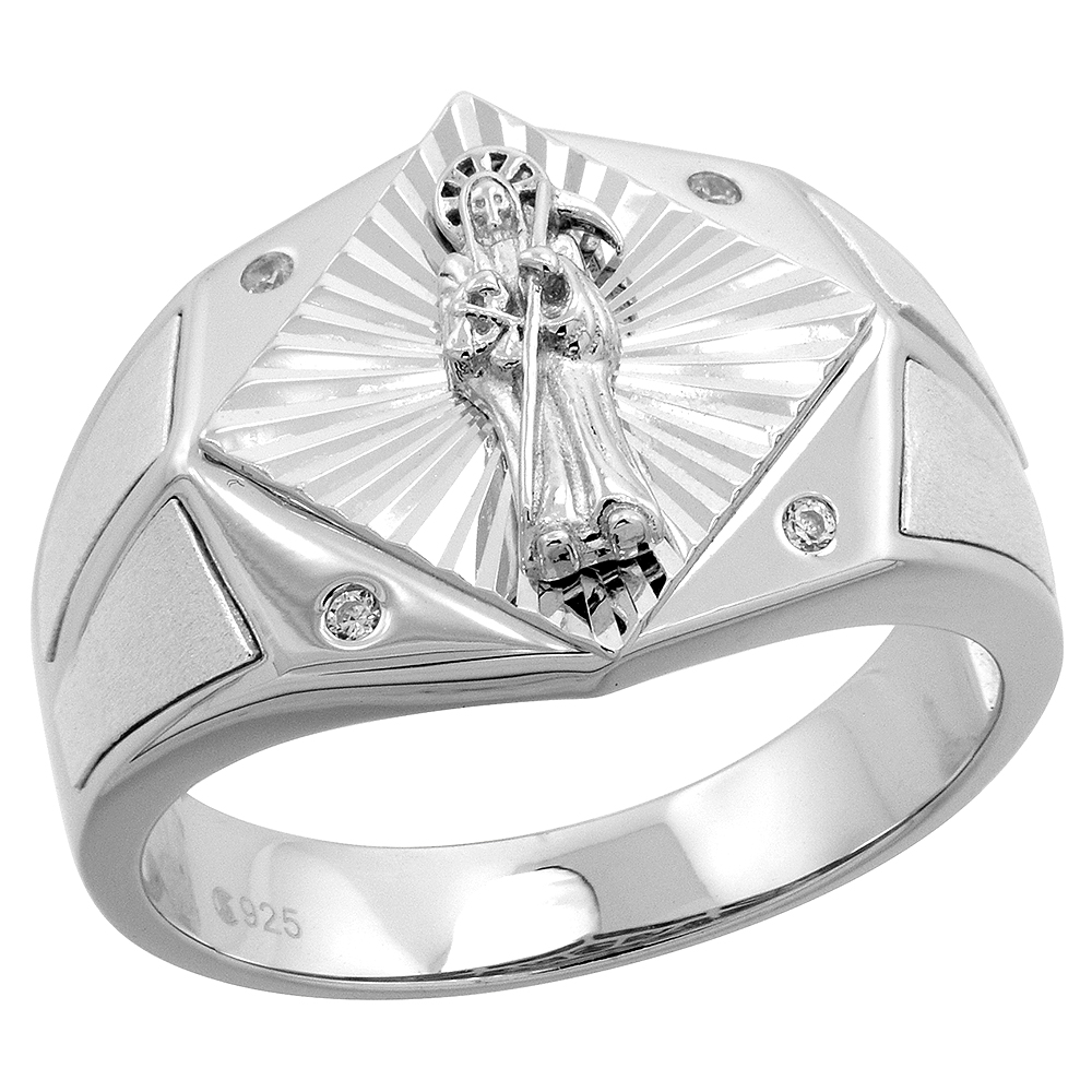 MENS STERLING SILVER CUBIC ZIRCONIA SANTA MUERTE RING RHOMBIC 9/16 INCH WIDE, SIZE 8 - 14
