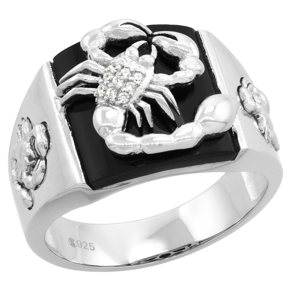Sterling Silver CZ Black Onyx Scorpion Ring for Men Square Scorpio Both Sides 9/16 inch sizes 8 - 14