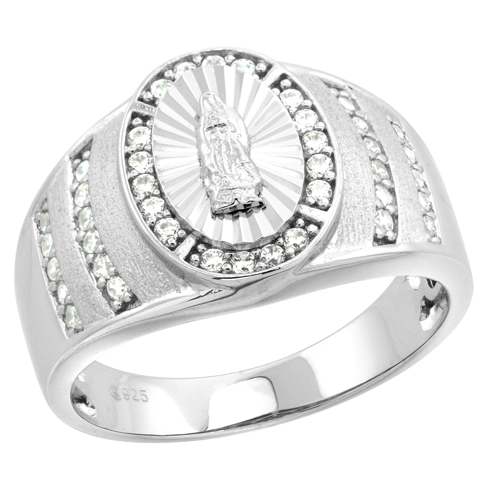 Sterling Silver CZ Guadalupe Ring for Men Oval Diamond Cut Halo 9/16 inch sizes 8 - 14