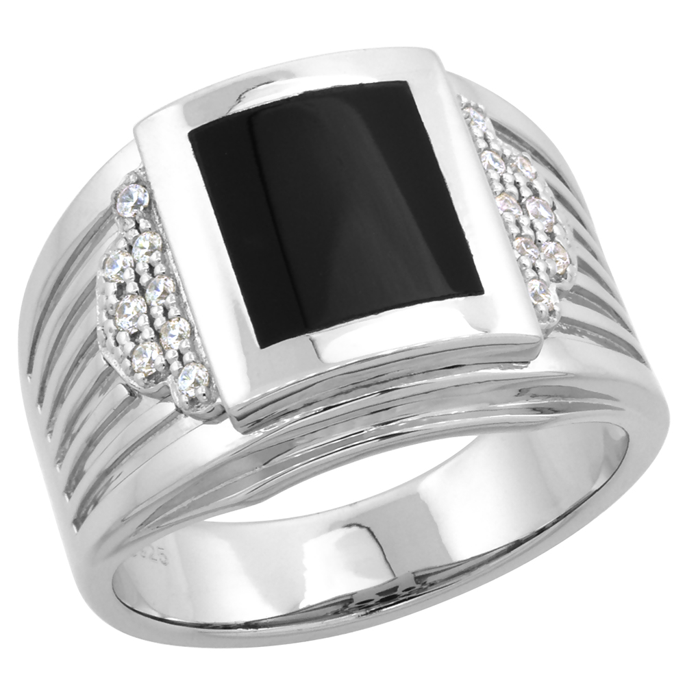 Sterling Silver Black Onyx Ring for Men Rectangular Fluted Sides CZ Accent 5/8 inch size 8-14