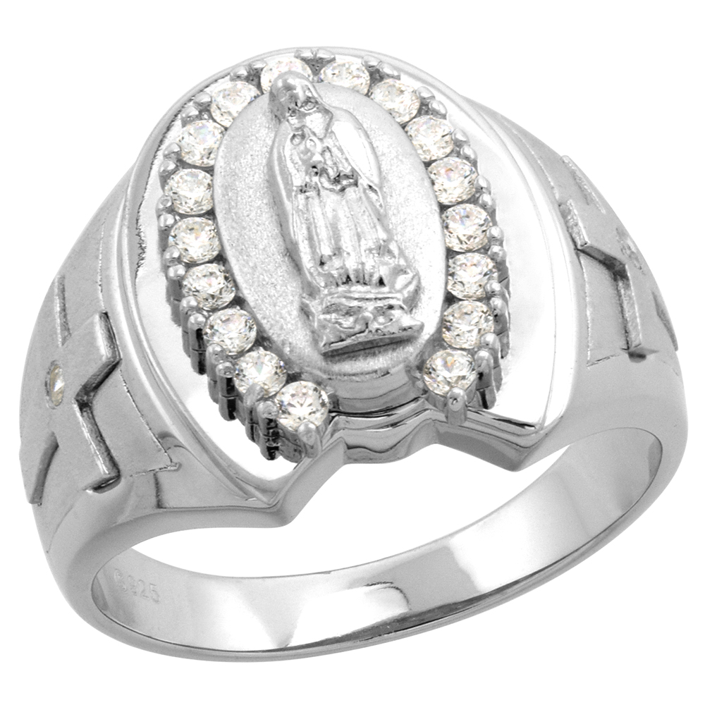 STERLING SILVER CZ GUADALUPE HORSESHOE RING FOR MEN CROSS ON SIDES 11/16 INCH SIZE 8-14