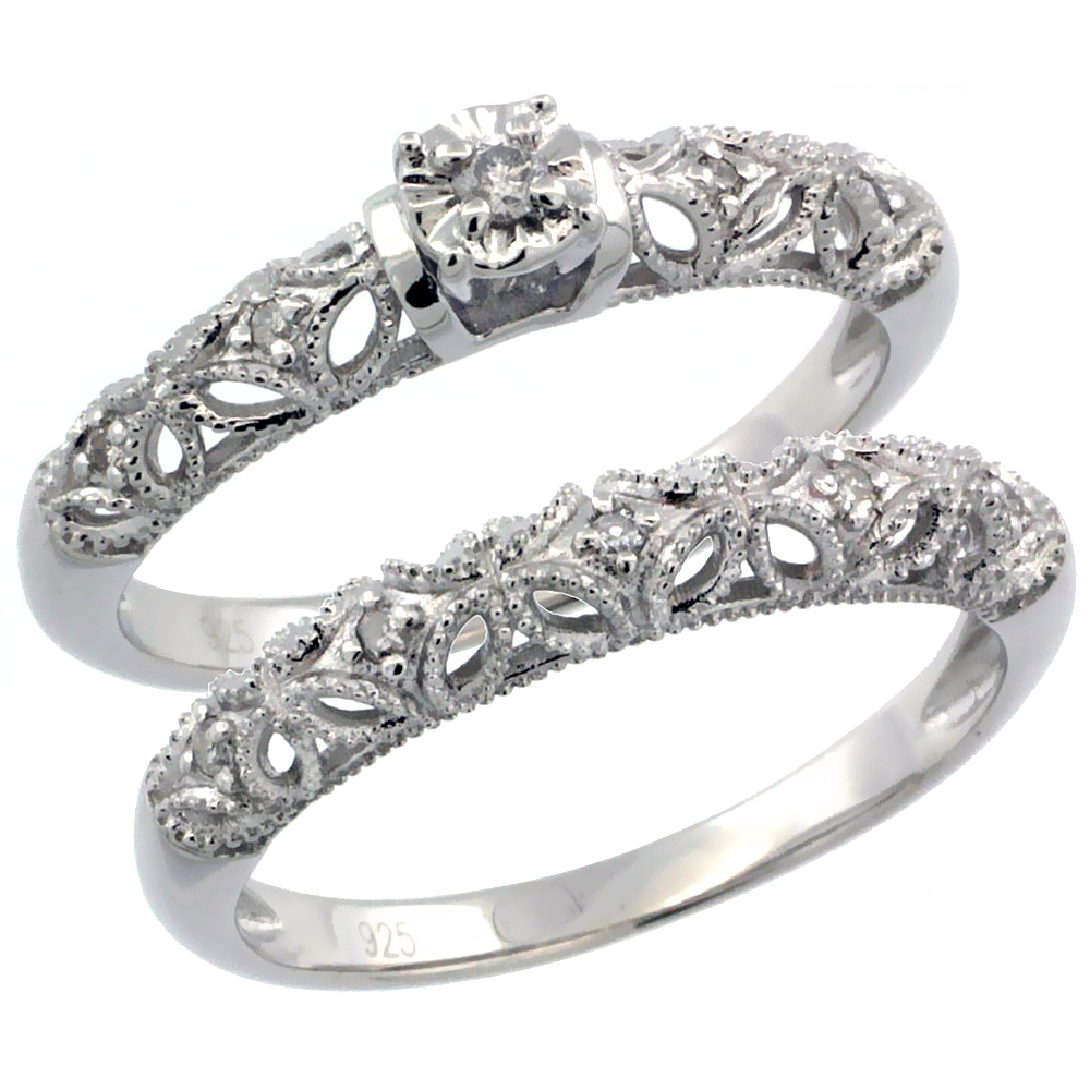 Sterling Silver Diamond Floral Vintage Style 2-Pc. 10-Stone Engagement Ring Set Rhodium Finish, sizes 5 to 10
