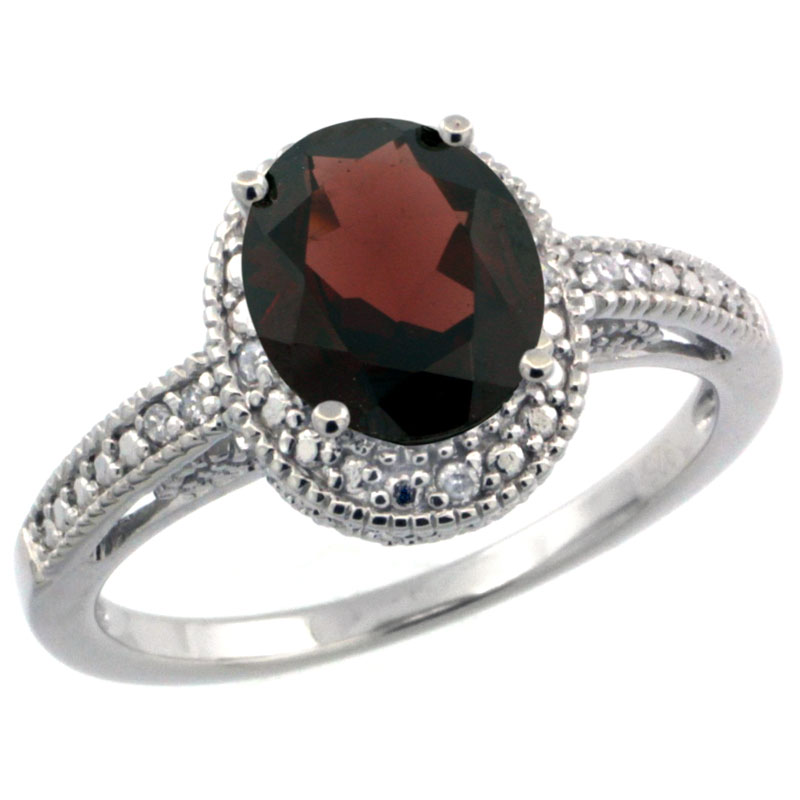 Sterling Silver Diamond Vintage Style Oval Garnet Stone Ring Rhodium Finish, 8x6 mm Oval Cut Gemstone sizes 5 to 10