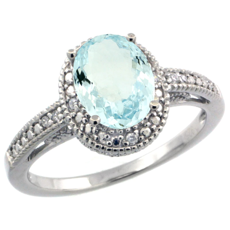 Sterling Silver Diamond Vintage Style Oval Aquamarine Stone Ring Rhodium Finish, 8x6 mm Oval Cut Gemstone sizes 5 to 10