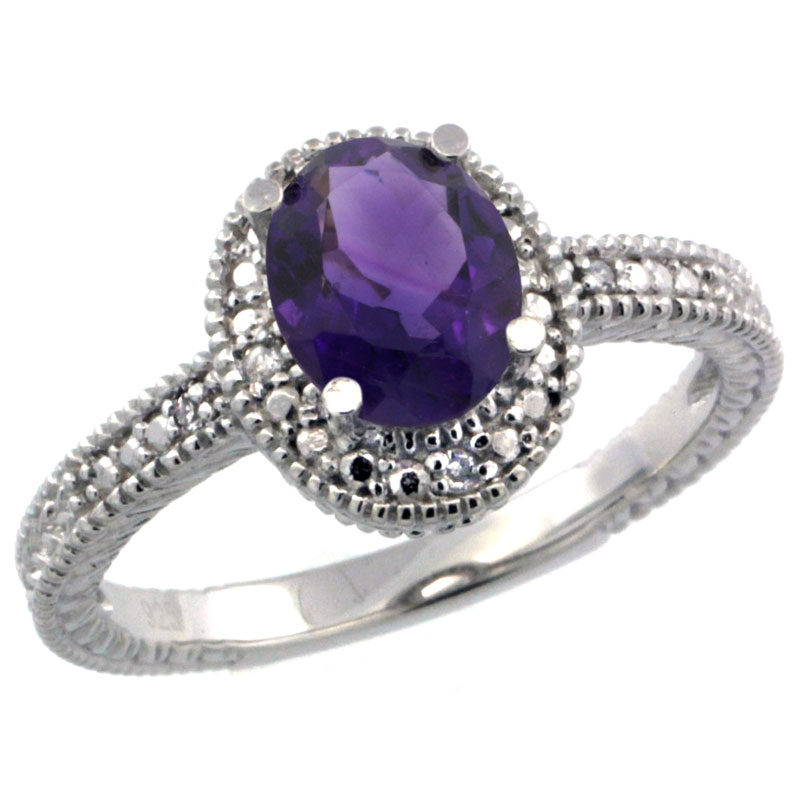 Sterling Silver Diamond Vintage Style Oval Amethyst Stone Ring Rhodium Finish, 7x5 mm Oval Cut Gemstone sizes 5 to 10
