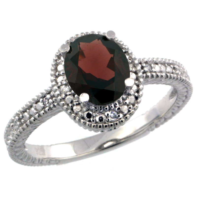 Sterling Silver Diamond Vintage Style Oval Garnet Stone Ring Rhodium Finish, 7x5 mm Oval Cut Gemstone sizes 5 to 10