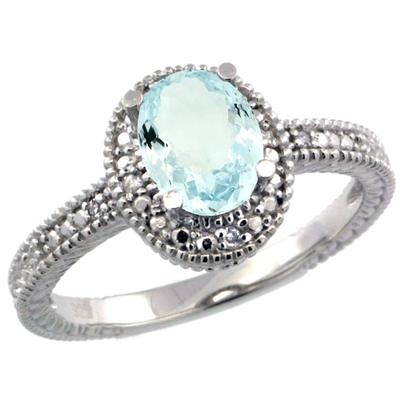 Sterling Silver Diamond Vintage Style Oval Aquamarine Stone Ring Rhodium Finish, 7x5 mm Oval Cut Gemstone sizes 5 to 10