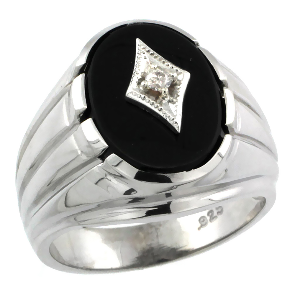 Sterling Silver Gent&#039;s Black Onyx Ring Diamond Center Oval Shape Rhodium Finish, sizes 8 to 13